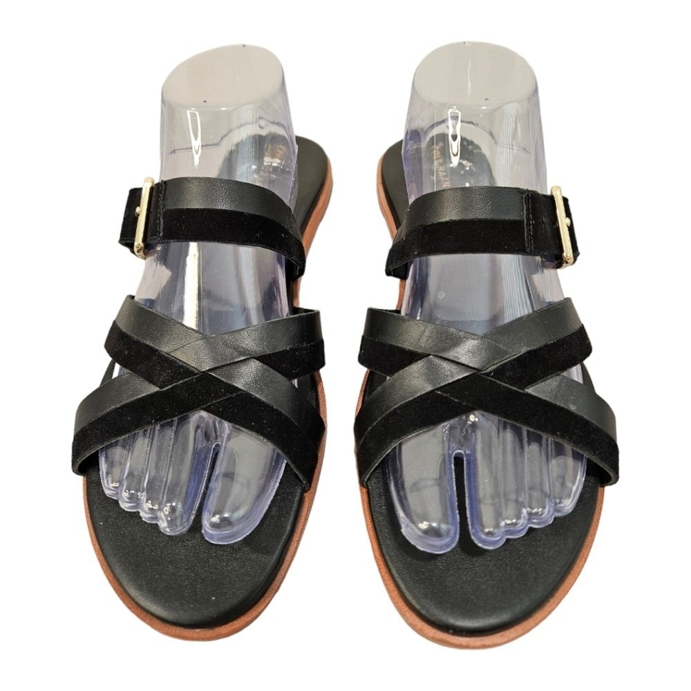 Cole Haan Womens Black Leather Suede Sandals 10.5 Strappy Buckle Flat Casual - Picture 3 of 8